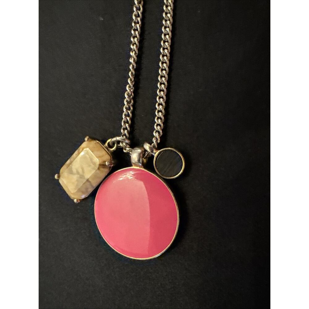 Ann Taylor Gold Tone Necklace W/3 Pendants Large Pink Small Black , Brown # 169